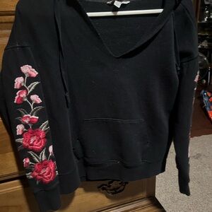 American Eagle Outfitters Black Hoodie with Pink Floral Embroidery